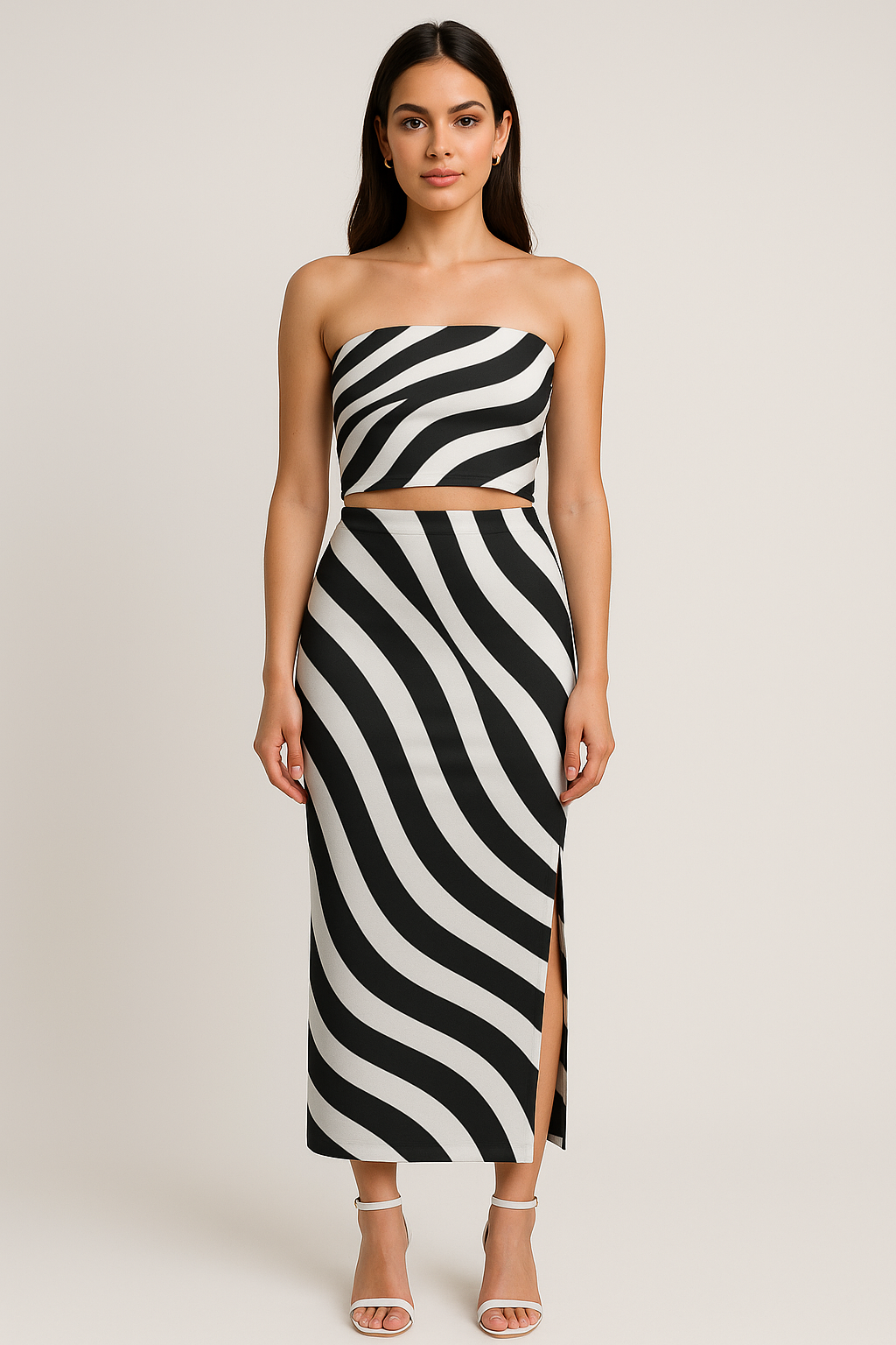 Black & White Wave Print Tube Top & Pencil Skirt Co-ord Set