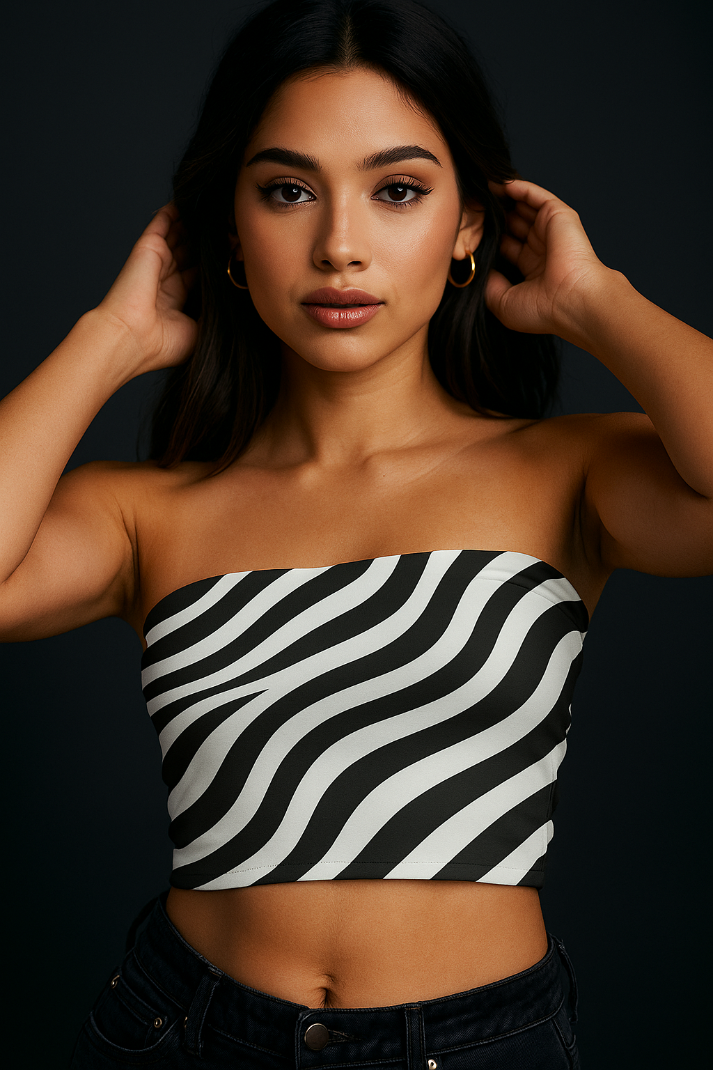 Black & White Wave Print Tube Top & Pencil Skirt Co-ord Set